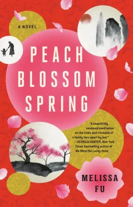 The cover image for Peach Blossom Spring, featuring images of peach blossoms and a bright red background.