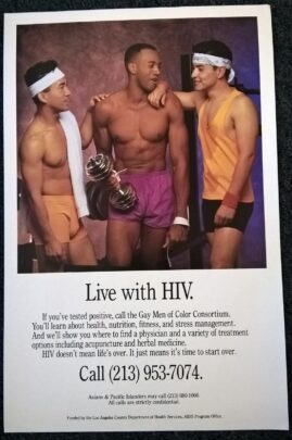 Three buff men in peach and pink silky work out clothes stand in a huddle. The text suggests that all three are from the Gay Men of Color Consortium