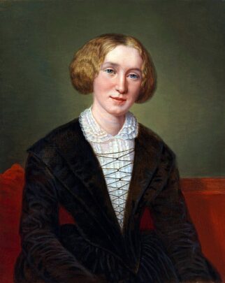 Painting of a woman in mid-1800s styles of hair and dress.
